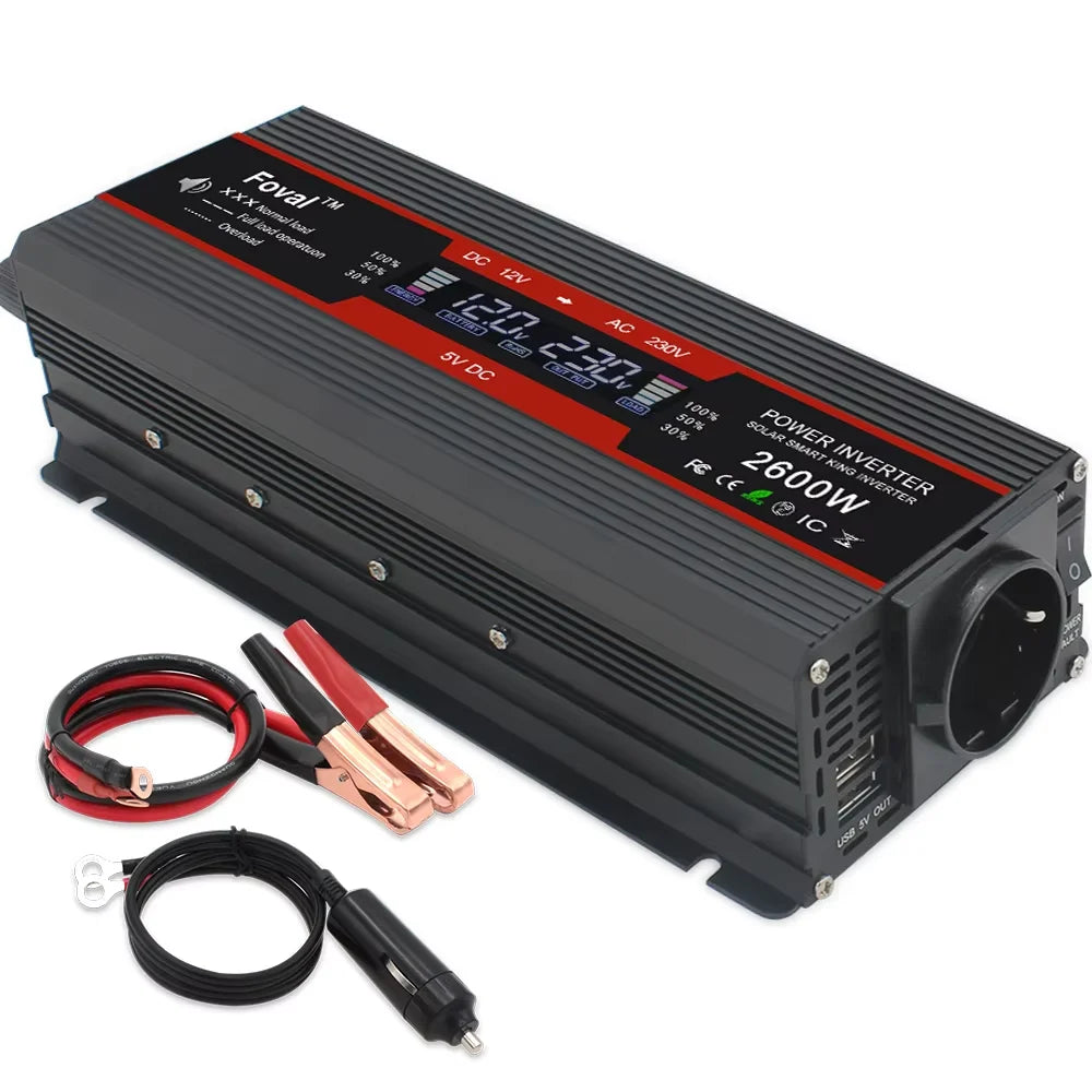 Мощен инвертор 1500W/2000W/2600W/3000W с LCD дисплей DC 12V към AC 220V, соларен, с 2 USB порта, автомобилен трансформатор, конвертор, EU щепсел, модифицирана синусоида 50Hz