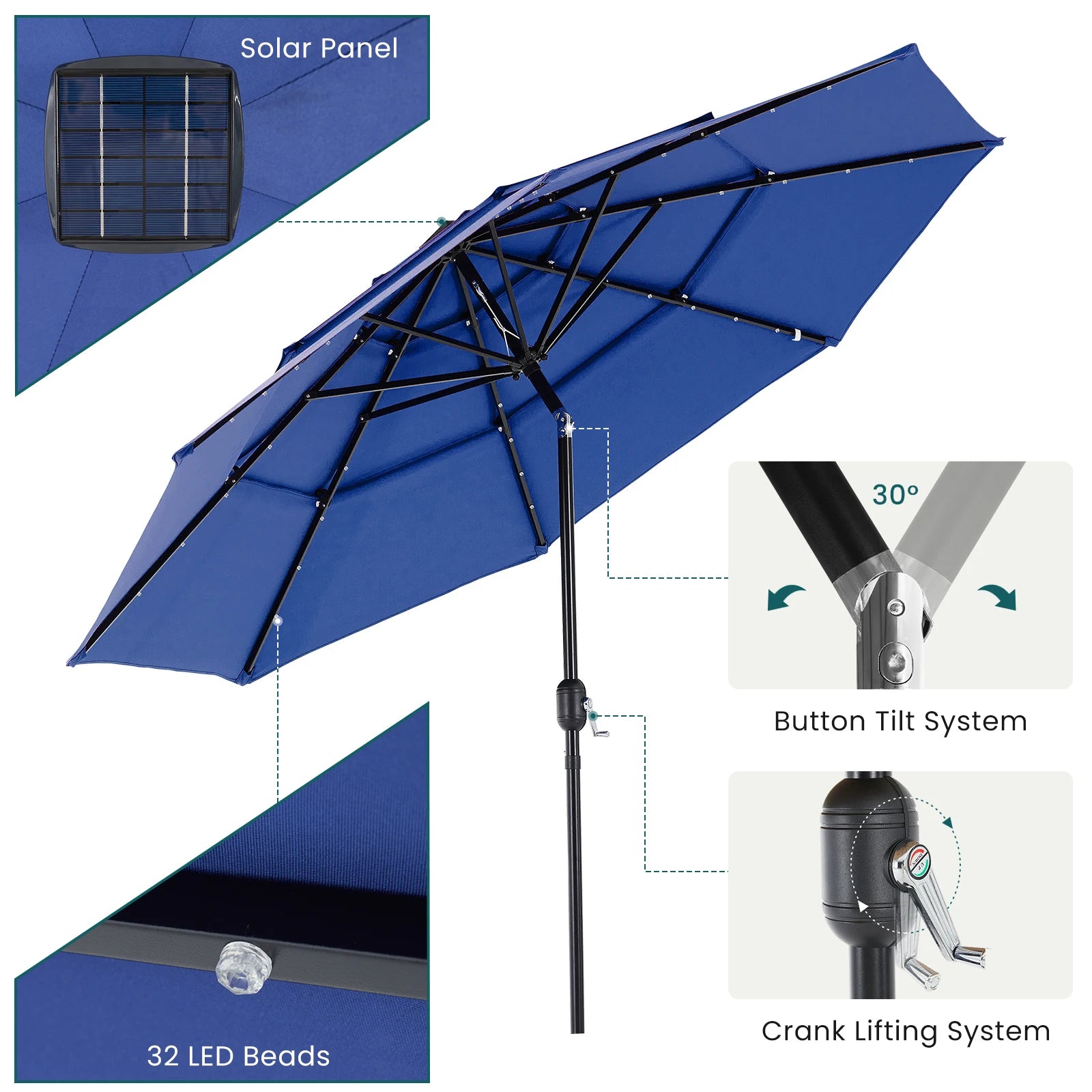 Ombrellone da patio a 3 livelli con 32 luci solari LED e sistema di inclinazione