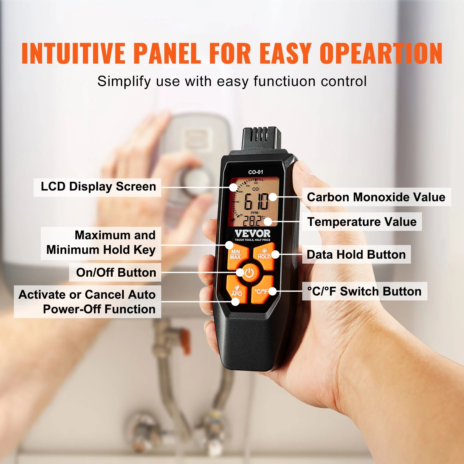 Carbon Monoxide Detector with Audible Alarm & LCD Display