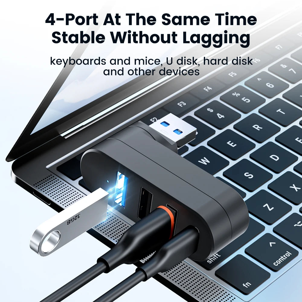 Hub USB rotativo com três portas USB-A e uma porta USB-C