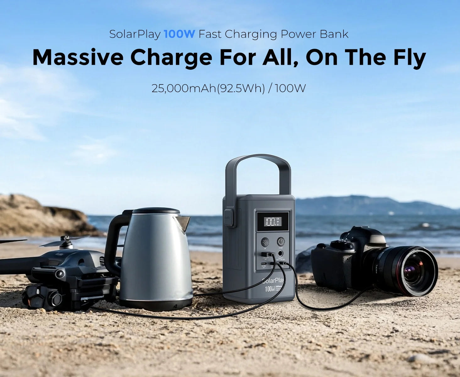 Bærbar Strømstation 25000mAh 100W USB-C til Rejse og Camping