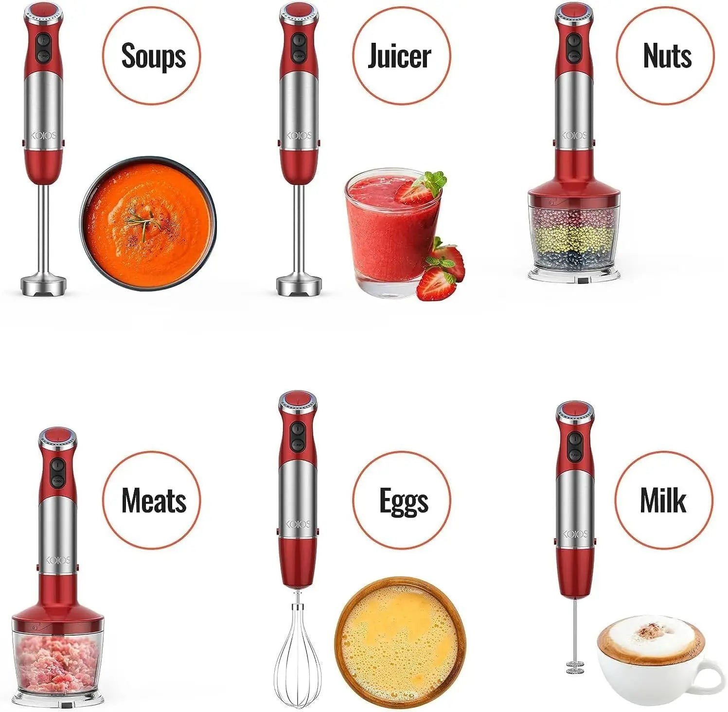 5-in-1 Hand Immersion Blender, 1000W 12 Speed Handheld Blender, Copper Motor Stainless Steel Blade Stick Blender,600ml Mixing Beaker,500ml Food Processor, Whisk, Milk Frother, BPA-Free, Red