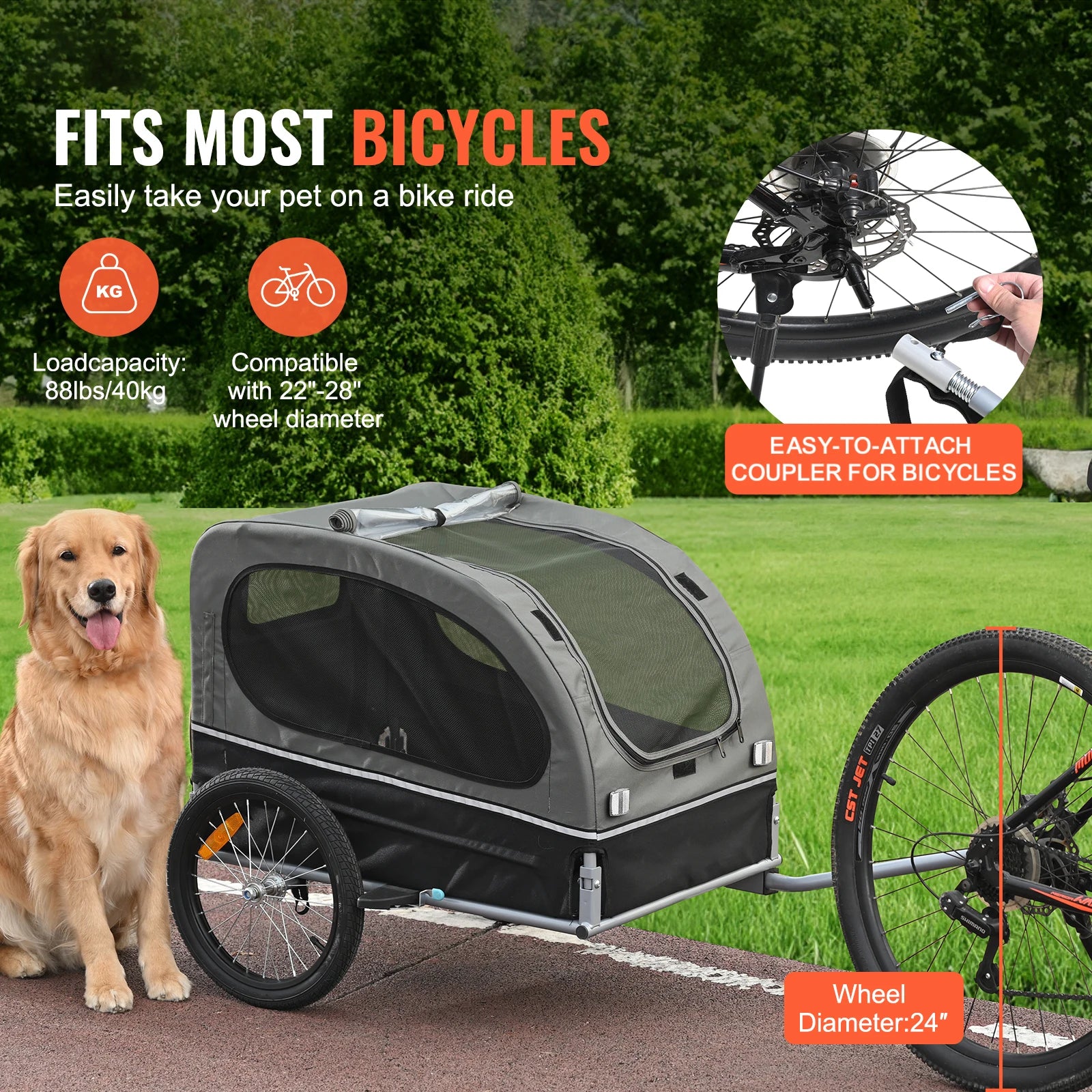 Remolque para perro SucceBuy de 88 lb, carrito de bicicleta para mascotas con ruedas, acoplador, reflectores, bandera, plegable para guardar para perros