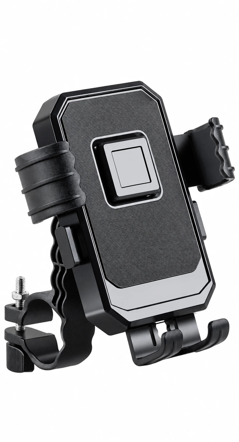Black handlebar phone holder, padded holder and clamp