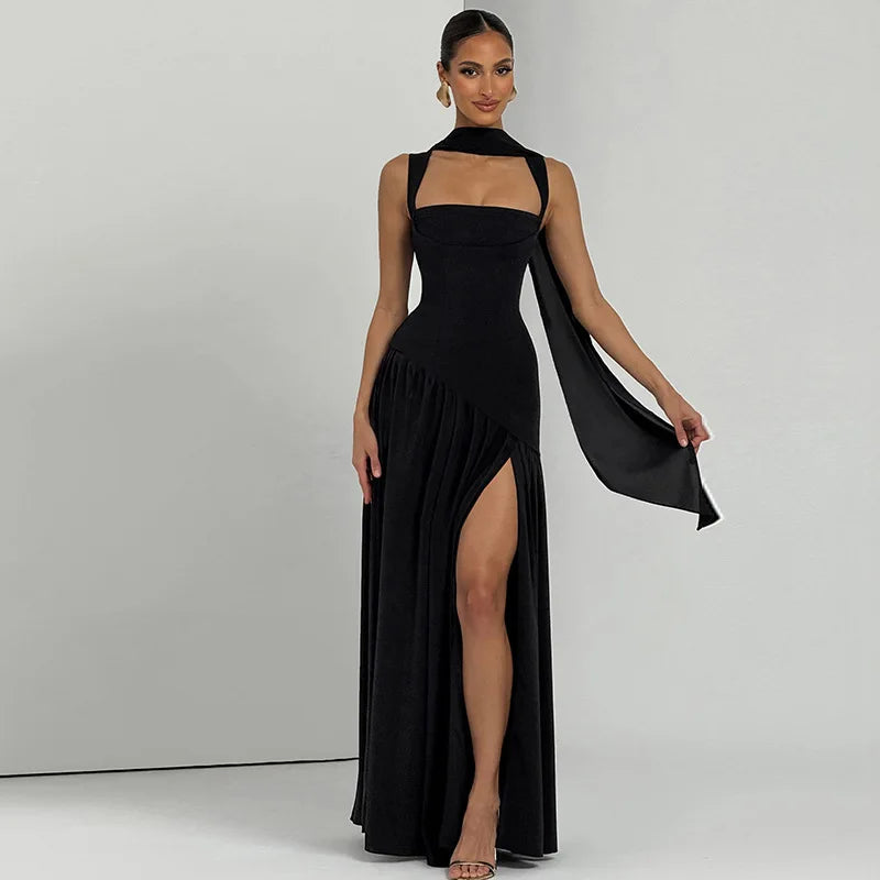 Elegant Sleeveless High Waist Slit Dress with Belted Sash