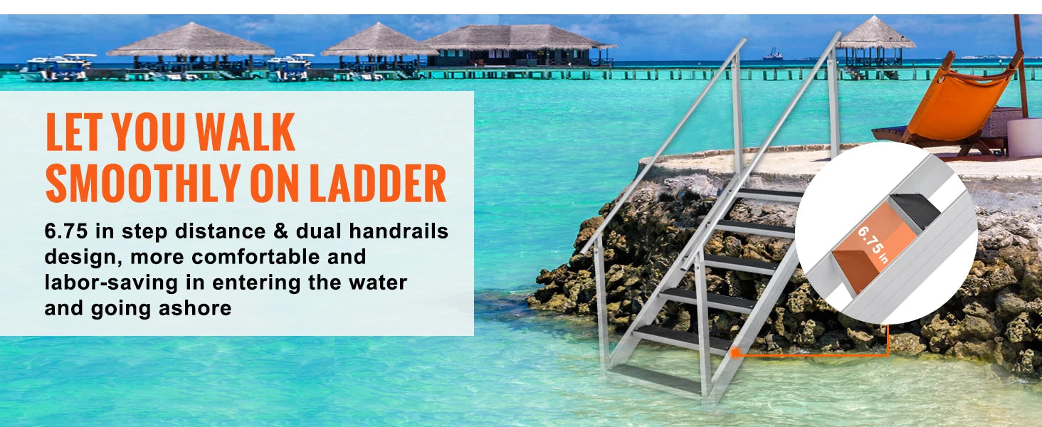 SucceBuy 4/6 Step Dual Handrails Dock Ladder Aluminum with Rubber Mat 30"-39" Adjustable Height for Lake Marine Boarding Pool