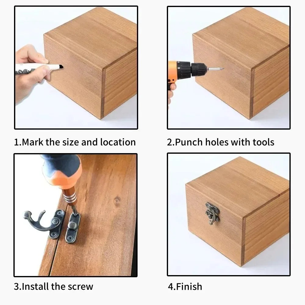 10STK/Beutel Vintage-Metallhardware Möbel Holzbox Lederbeutel Hardware dekorative Verschluss- Riegel- Schnappverschluss Schloss Vorhängeschloss Haken mit Schrauben