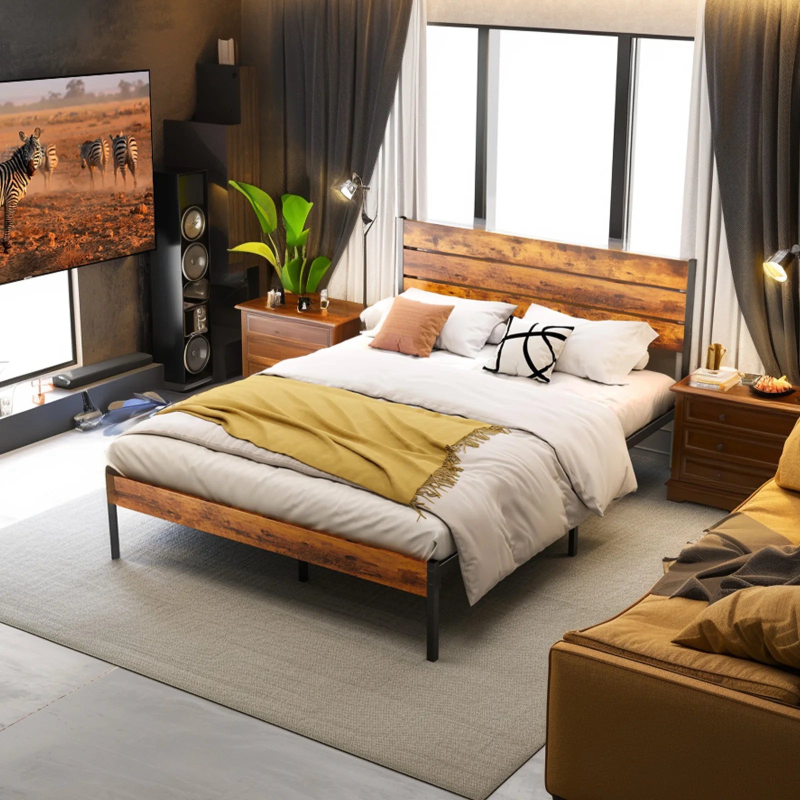 Queen Size Metal Platform Bed Frame with Storage Space & Headboard