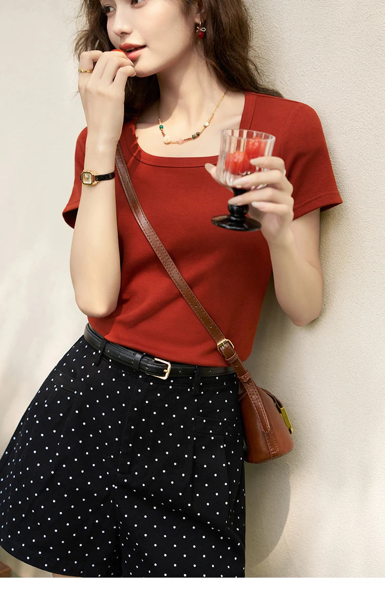 T-shirt da donna in misto cotone con scollo quadrato – Top elegante a maniche corte