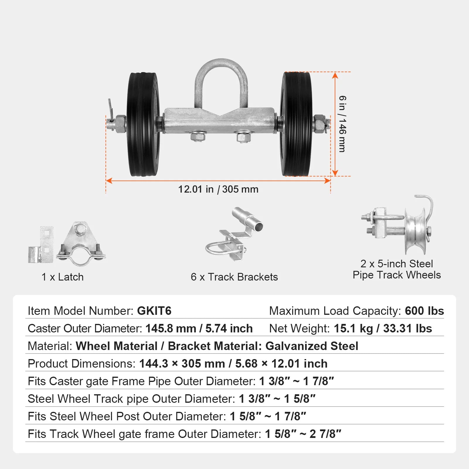 Set kotača za klizna vrata s kotačima od 6" – Robustan, nosivost 600 lb
