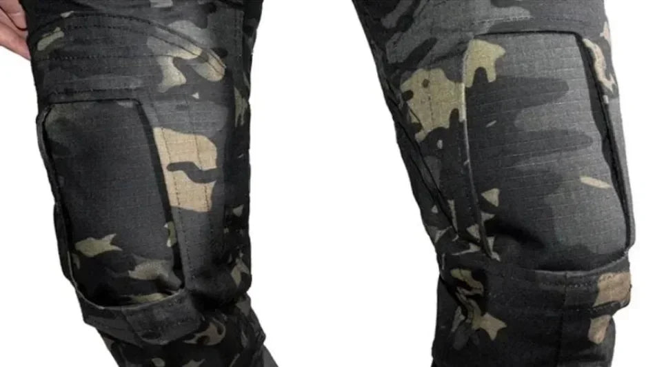 Black Camo Training Sets 1/4 Zipper Combat Tops Tactical Suits Hiking Pants Men Durable Shirts Multiple Pockets Wear-resisting