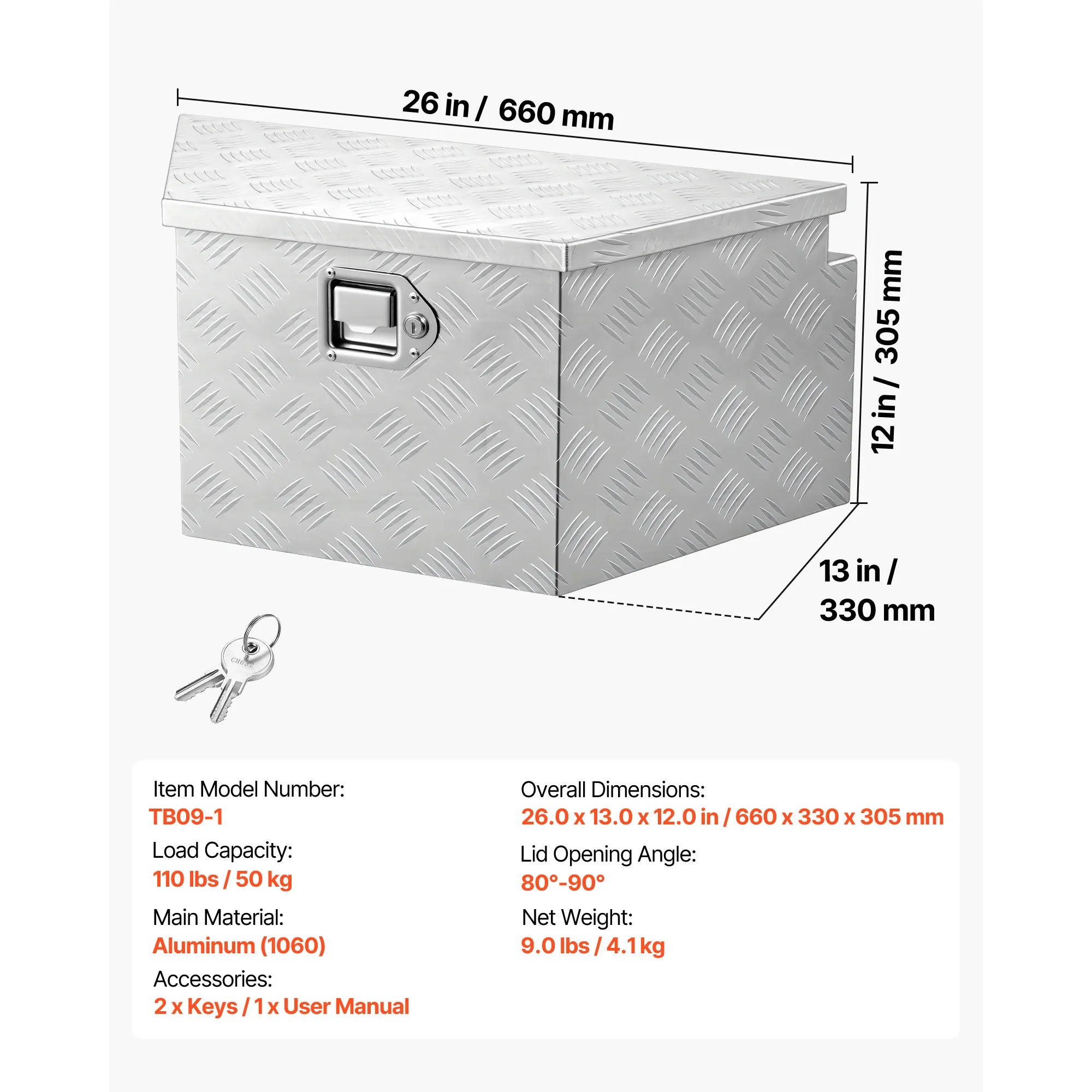 Coffre en aluminium pour timon de remorque avec serrure pour rangement de camping-car, camion et remorque