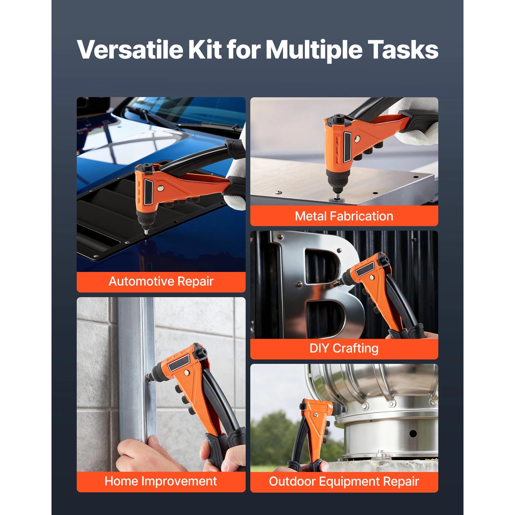 Pop Rivet Gun Kit with 200 Rivets, Interchangeable Heads & Case