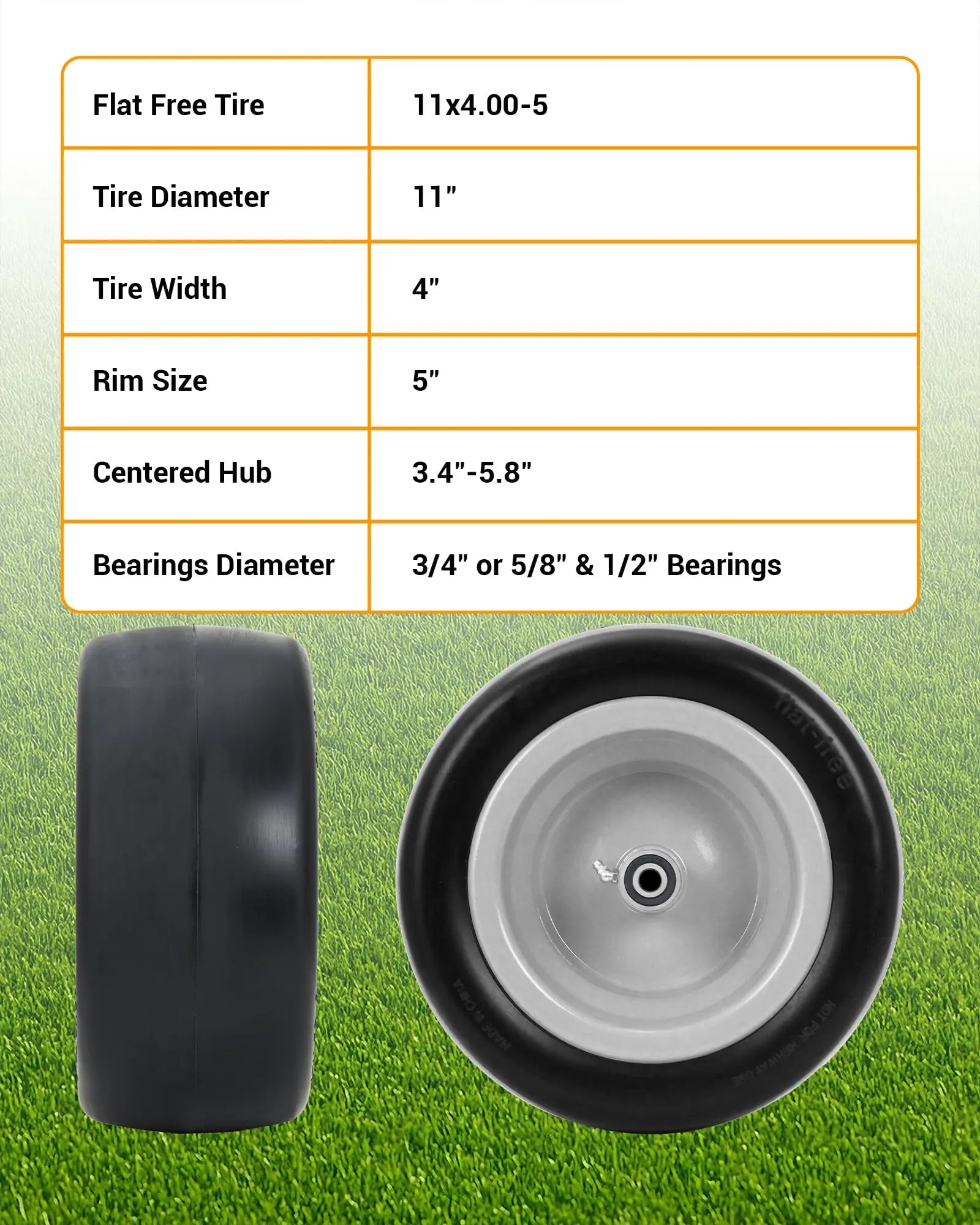 2 Pack Flat Free Zero Turn Mower Front Tires with Bearings