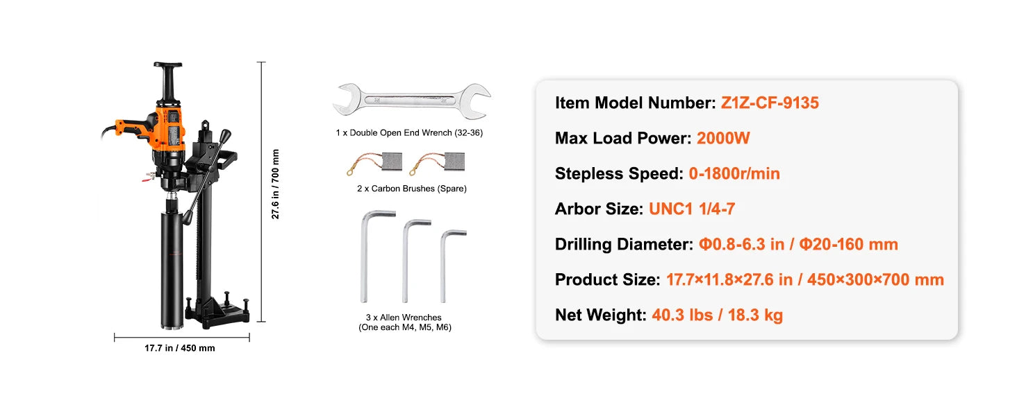 Handheld Core Drill Machine 2000W/2600W Wet & Dry Concrete Drill