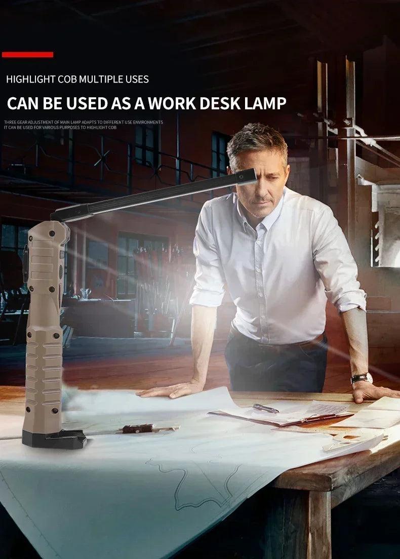 USB Rechargeable LED Work Light 1000 Lumens COB Lantern with Power Capacity Indicator Handled Flashlight for Outdoor Car Repair 