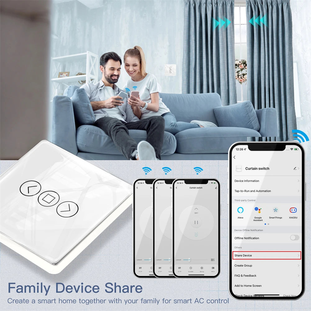 MOES WiFi RF433 Smart 2.5D Arc Glass Touch Curtain Switch for Roller Blinds Shutters Smart Life/Tuya APP Works Alexa Google Home