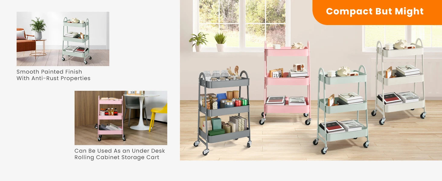 3-Tier Rolling Storage Cart with Lockable Wheels for Small Spaces
