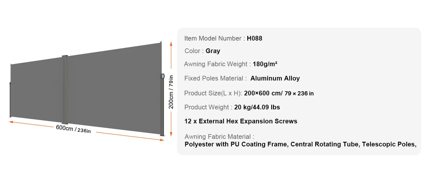 Retractable Side Awning Privacy Screen UV30+ Waterproof Patio Divider