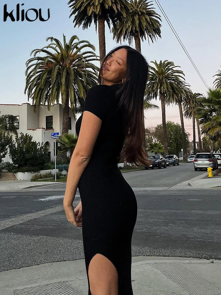 Kliou Elegant Office Lady Maxi Dress Women Solid Fashion Turn-down Collar Short Sleeve Button Side Slit Body-Shaping Street Robe 