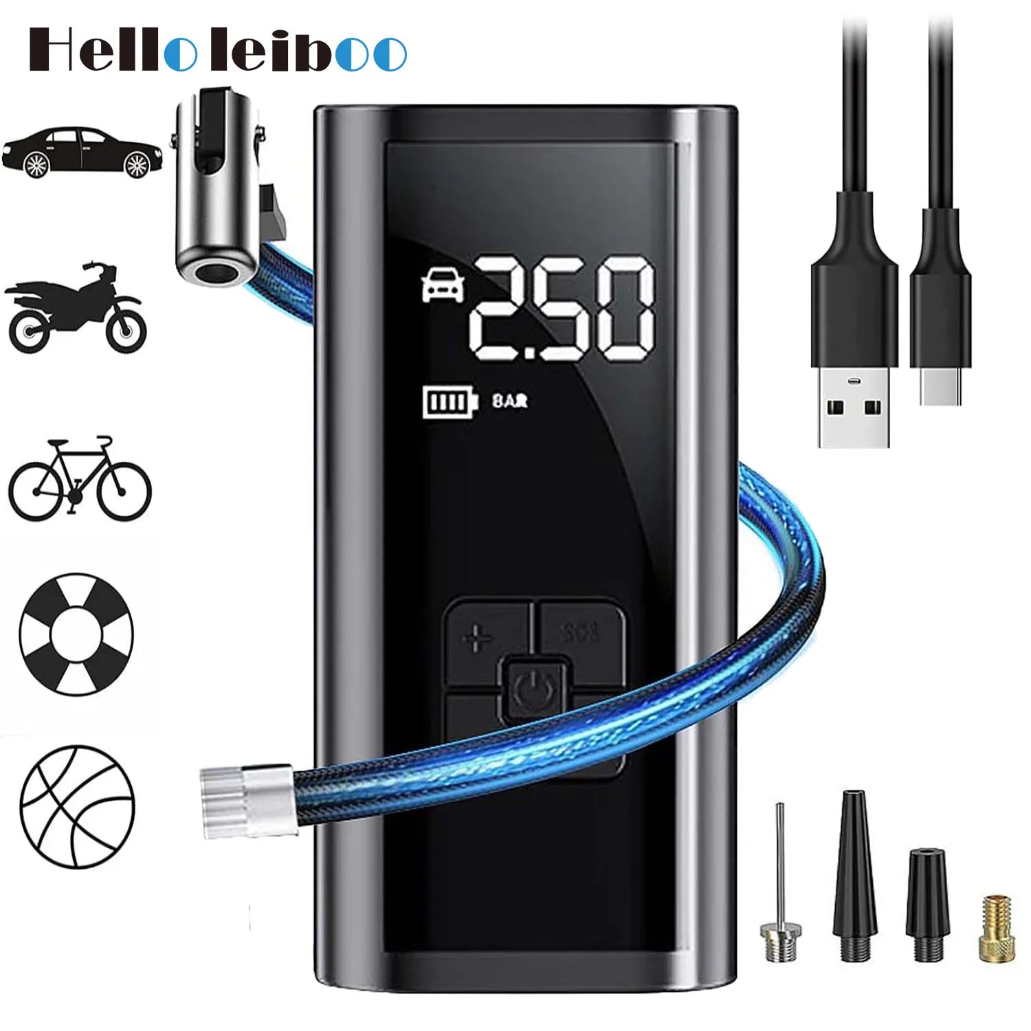 LEIBOO Portable Air Compressor for Car Tires Fast Air Pump Tire Inflator Accurate Pressure Air Pump for Motorcycle Bicycle Ball 