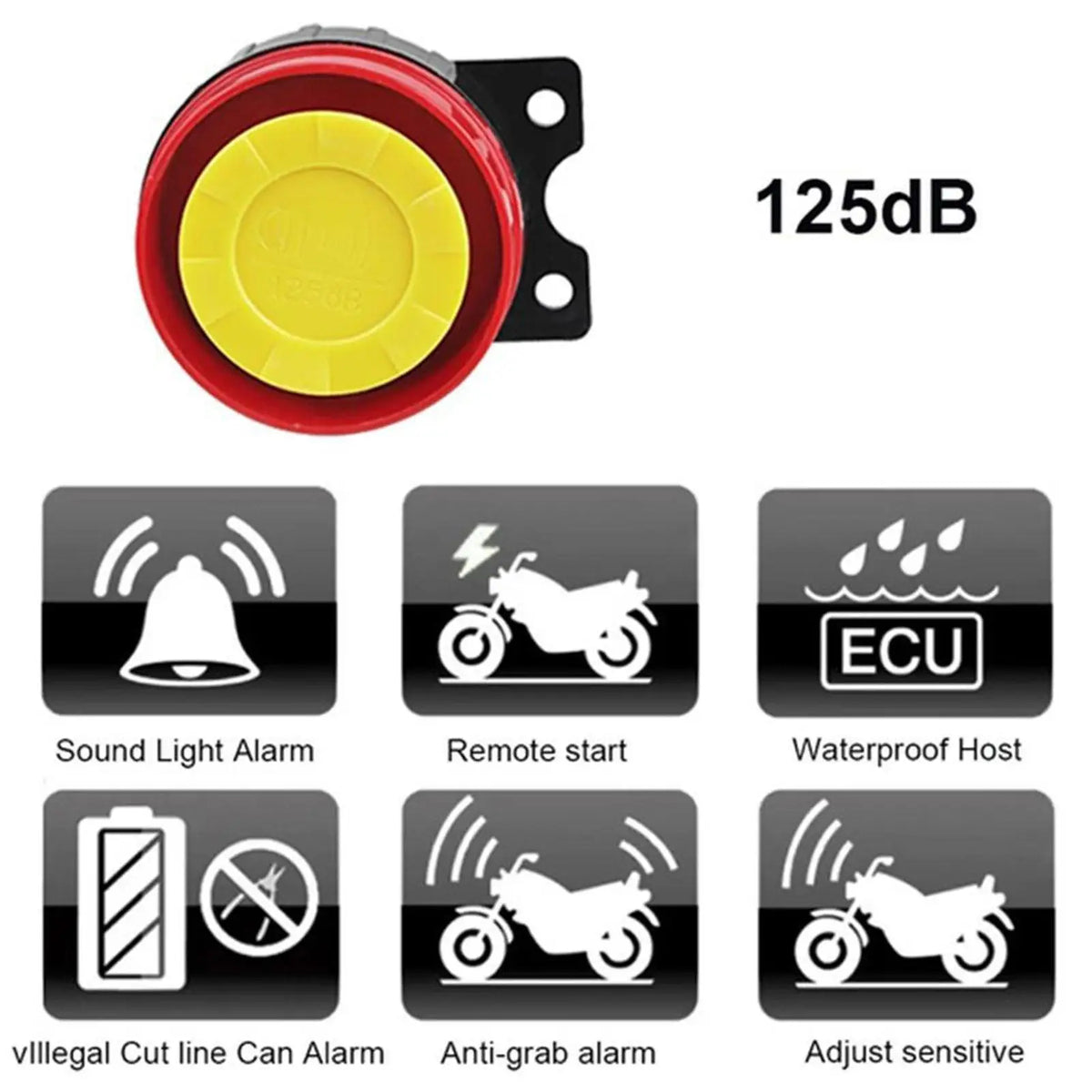 12 V Motorcycle Alarm with Two Remotes and 125 dB Siren