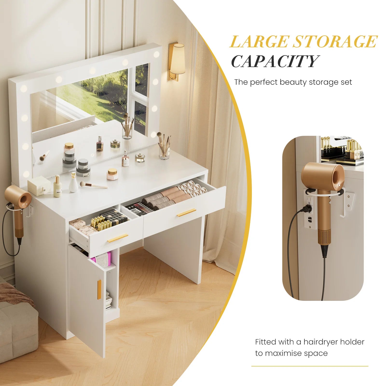 Vanity Desk with LED Mirror, Charging Station & Storage