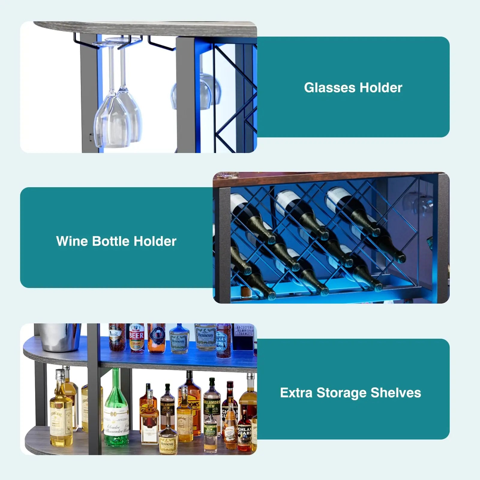 LED Bar Cabinet with Storage, Charging Station & Wine Rack