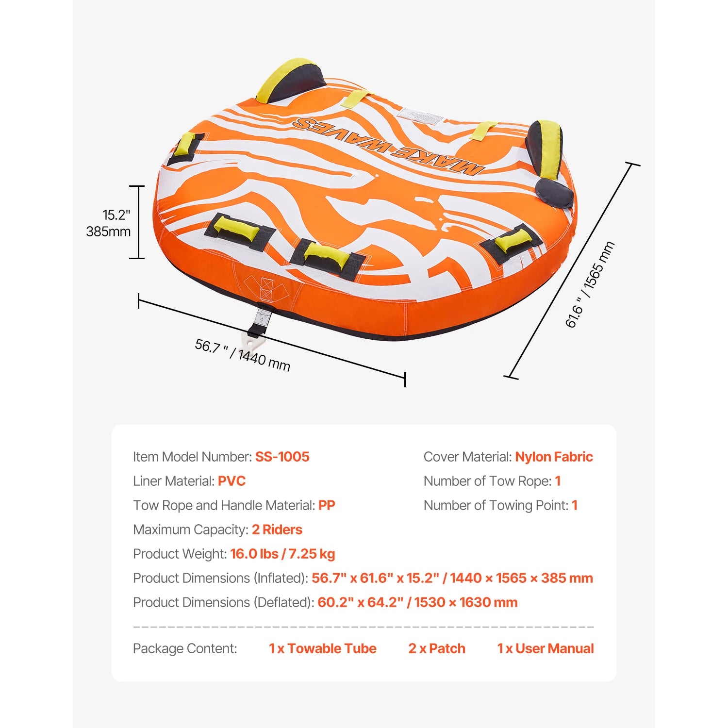 SucceBuy 1-2Riders Towable Tubes for Boating Inflatable Towable Tube for Boat to Pull 340lbs Boat Tubes with Fin for Water Sport