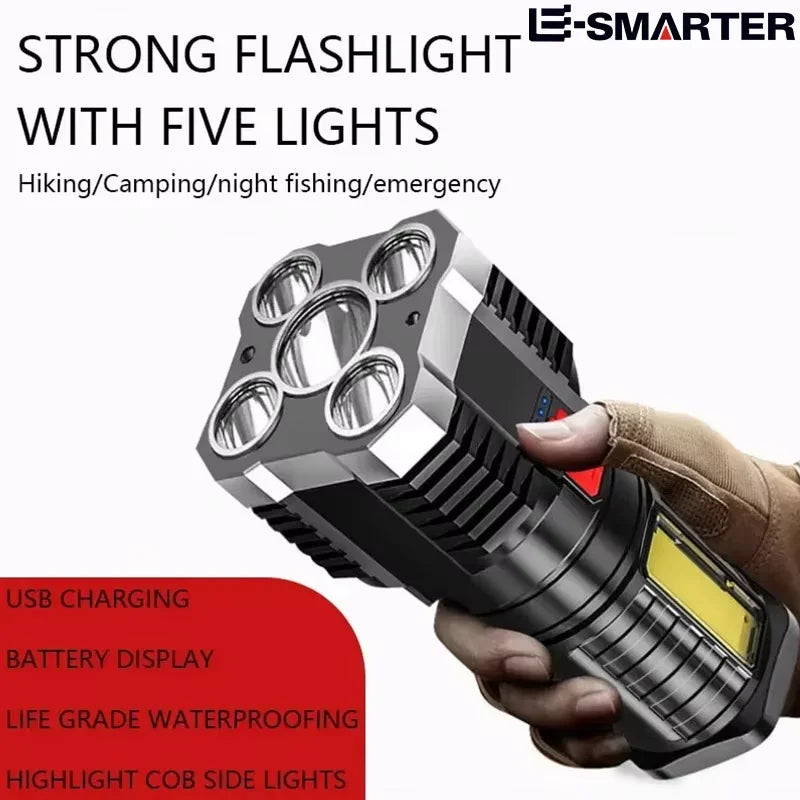 5LED High Power Led Flashlights Rechargeable Camping Spotlight with Side Light 3 Lighting Modes for Camping Adventure Outdoor 