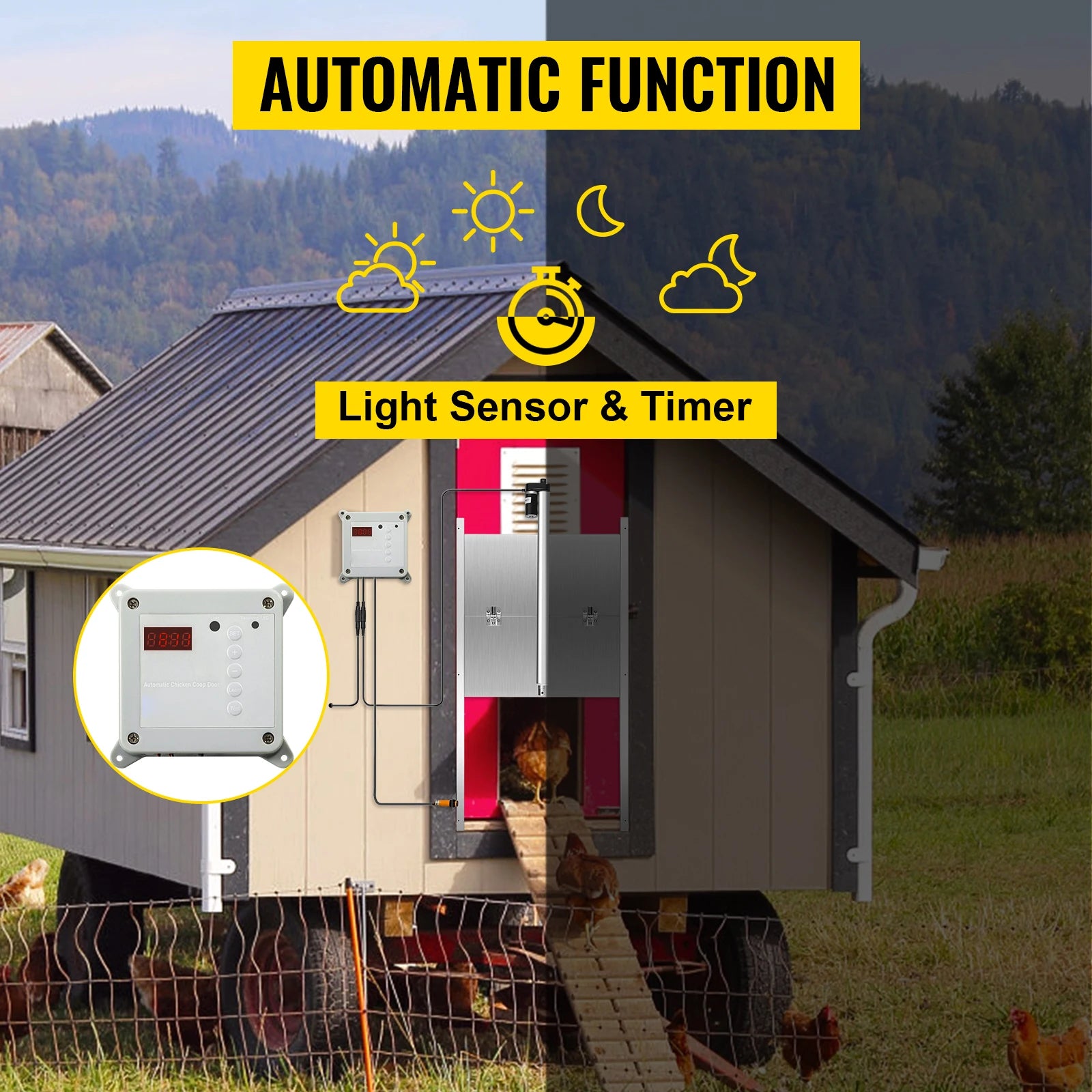 Automatic Chicken Coop Door with Timer, Light Sensor & 2 Remotes