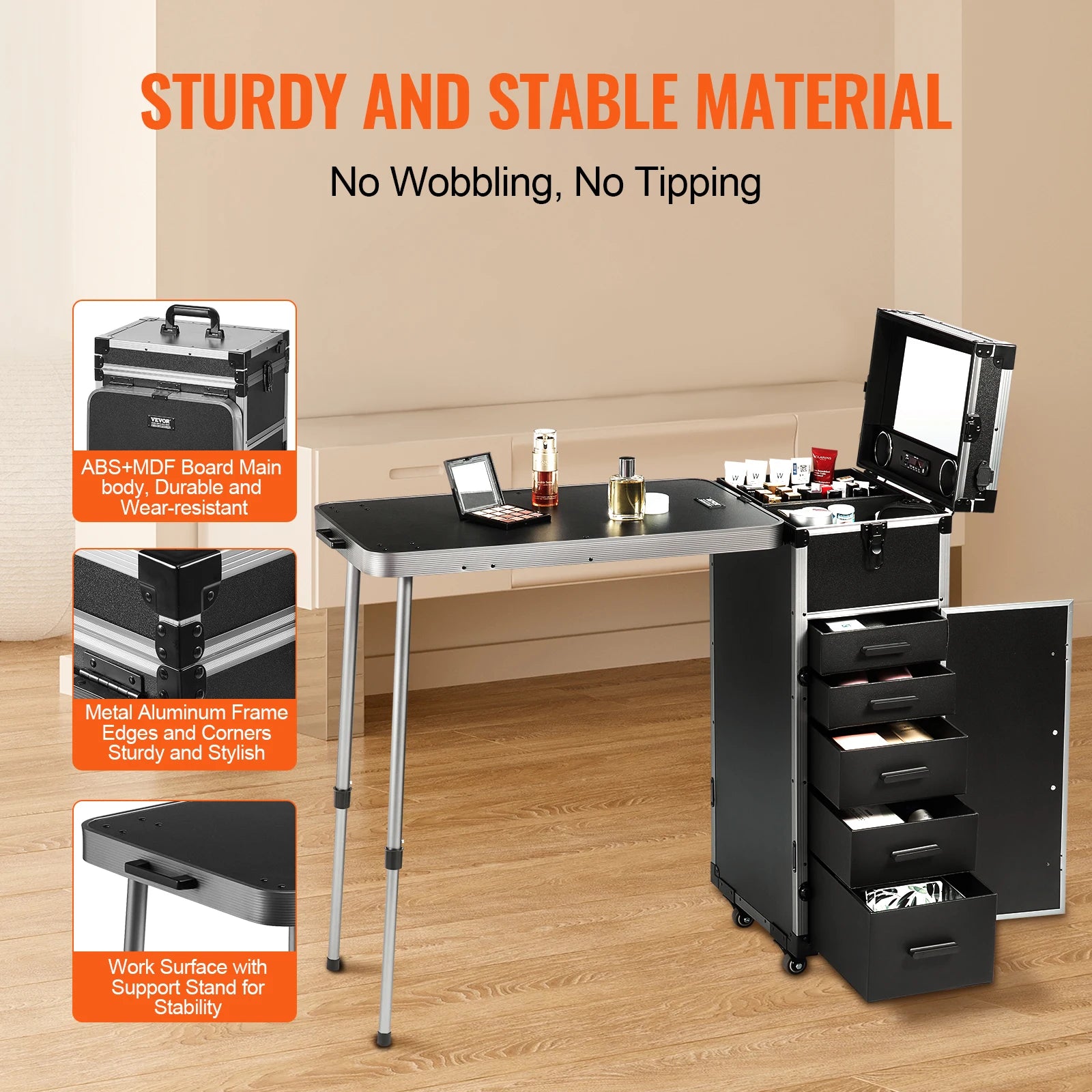 SucceBuy Professional Makeup Train Case Aluminum Cosmetic Case Workbench With Supporting Legs Rolling Makeup Case Extra Large