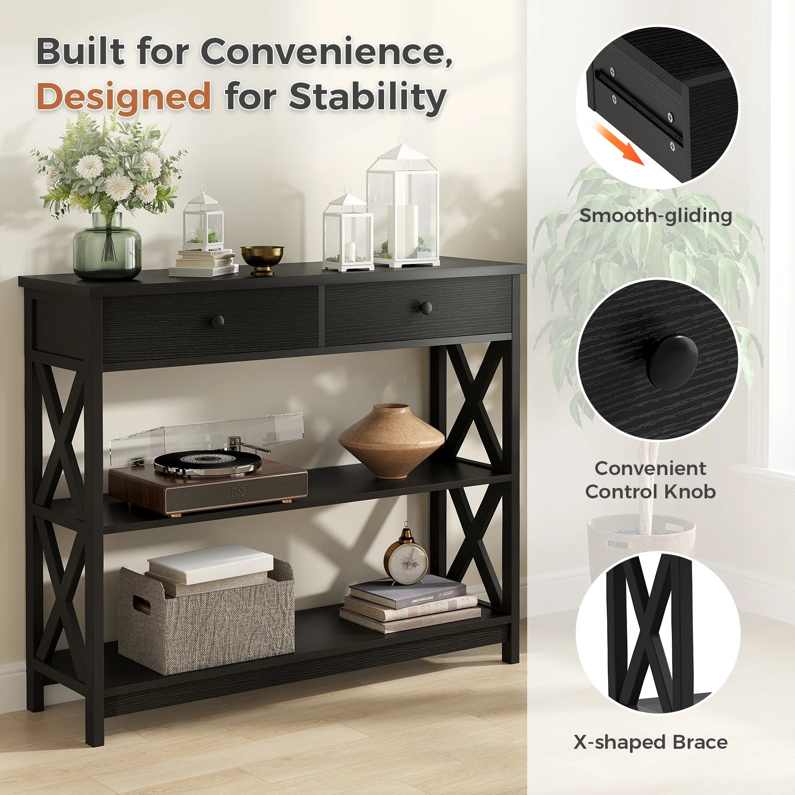 39-Inch Narrow Sofa Table with Shelves for Entryway or Living Room