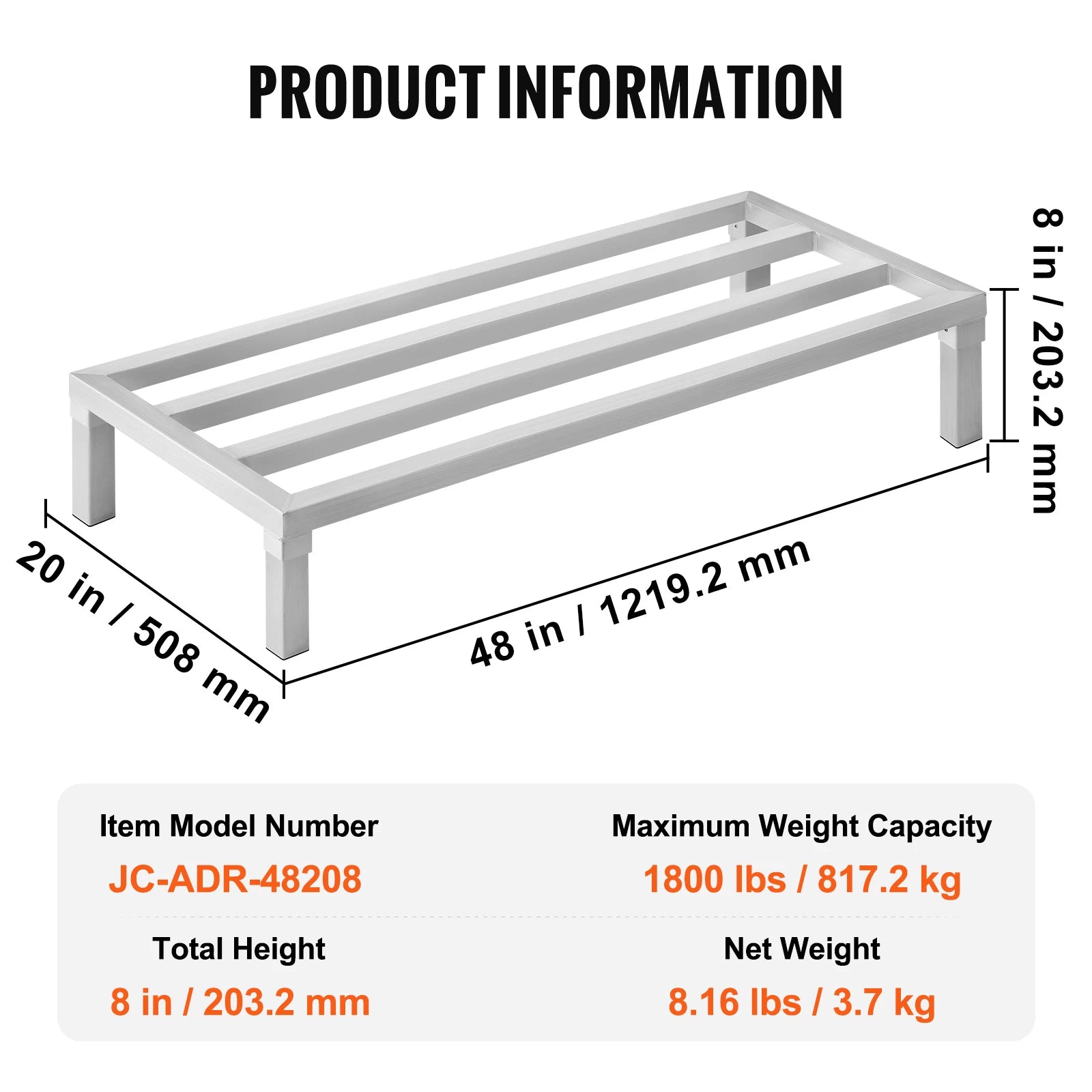 Ράφι Αλουμινίου για Αποθήκευση Βάρους 1800 lb, 8" Ύψος από το Δάπεδο