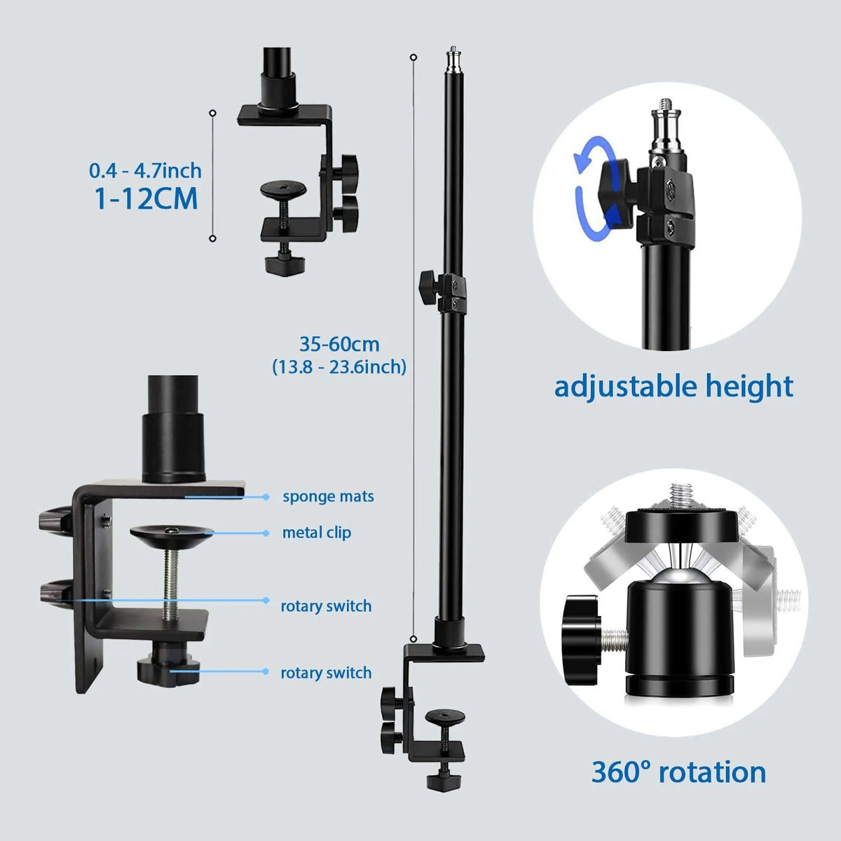 Desk Clamp Camera & Light Stand, 35–60 cm