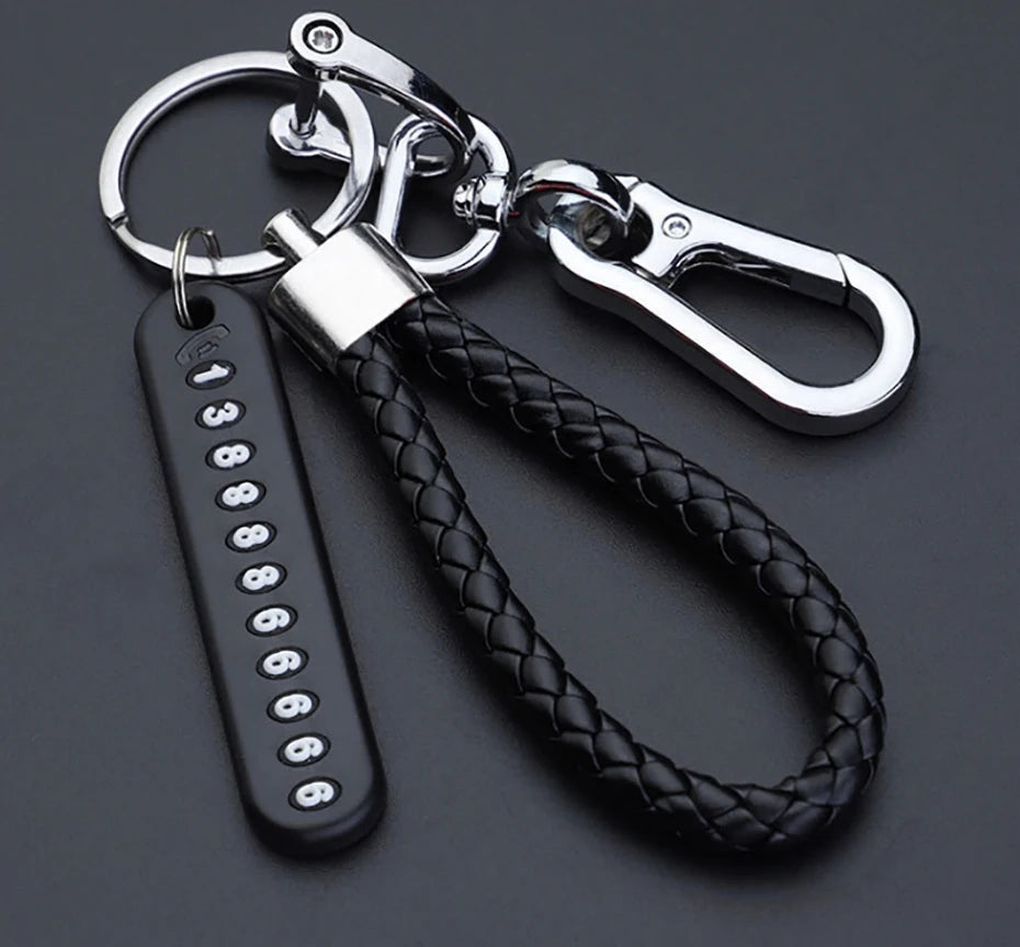 SEAMETAL Luxury Car Key Ring with Phone Number Plate Anti Lost Key Chain Alloy Hook Buckle Universal Keychain with Braided Rope