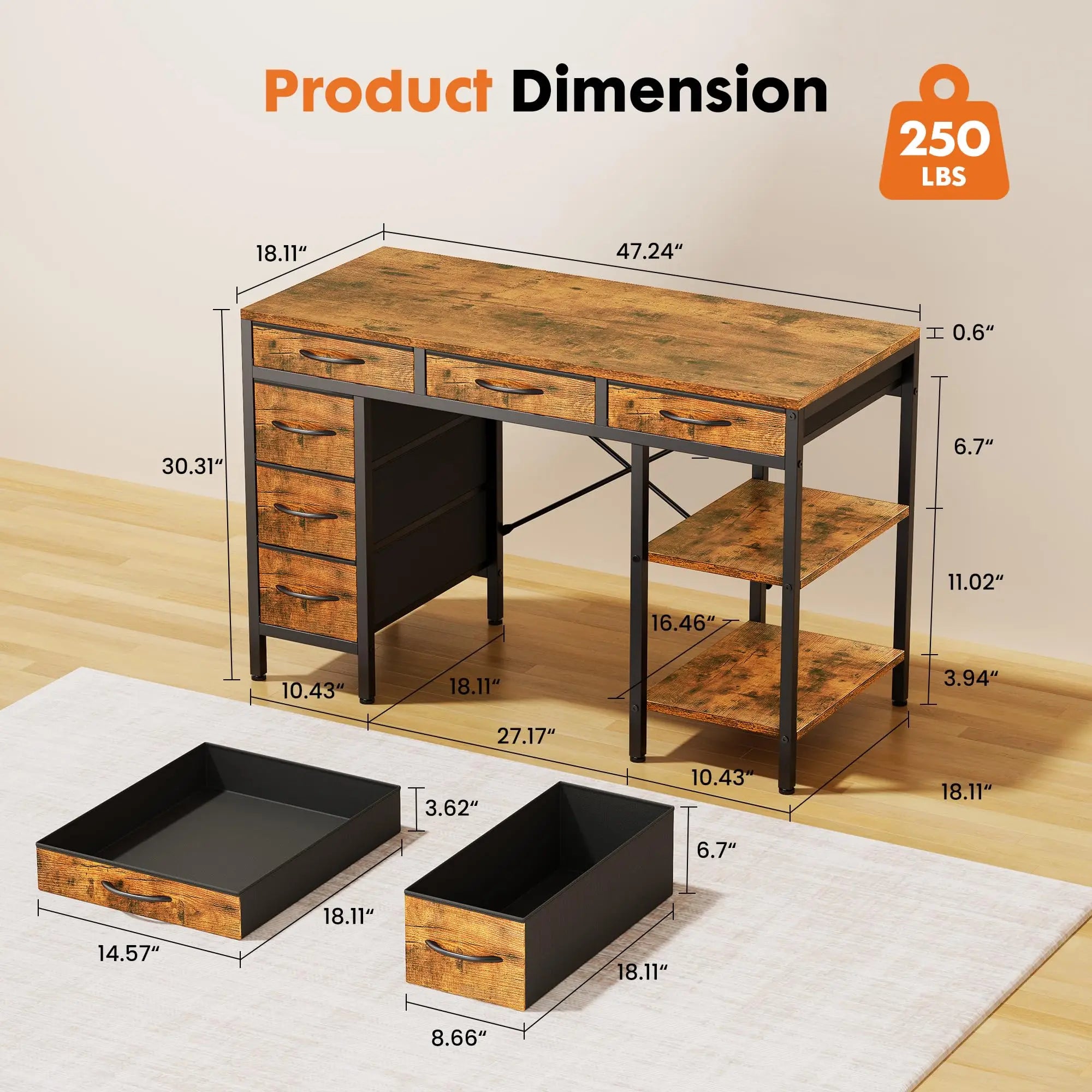 55 Inch Computer Desk with 6 Drawers and Storage Shelves