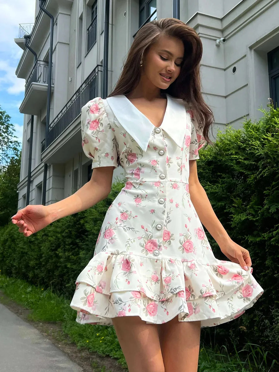 Tornova Print Puff Sleeves Ruffled Dress Women's V-Neck High Waist Pearl Buttons Mini Dress Female Casual Vacation Fashion Dress 