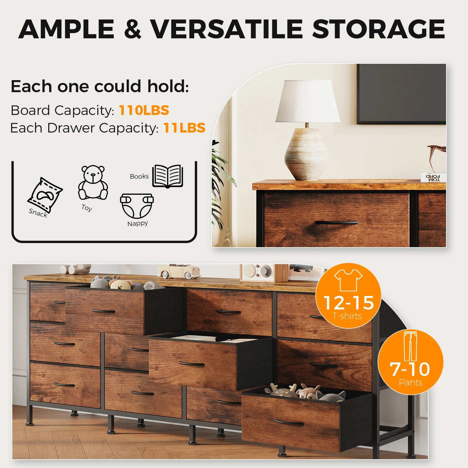 12 Drawer Fabric Storage Cabinet TV Stand with Wood Top
