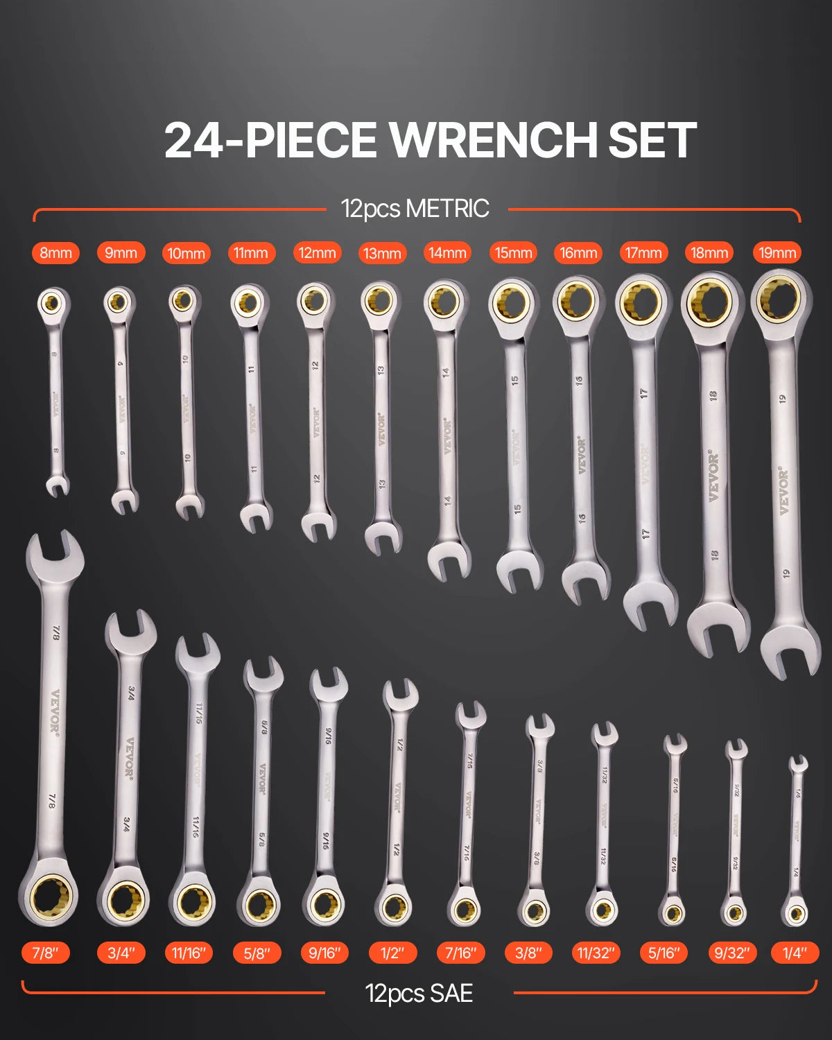 24-Piece Ratcheting Combination Wrench Set with Organizer Rack, SAE and Metric