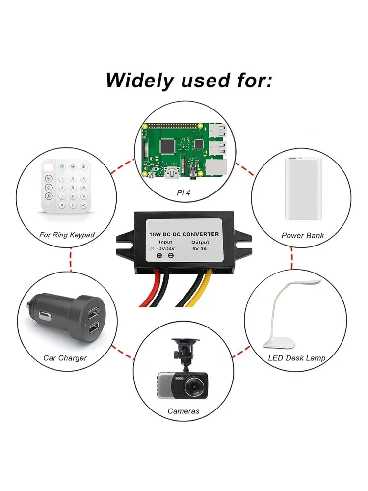 12V/24V to 5V 3A Power Adapter Converter DC-DC Step Down Module USB-A Female/Type C/dual USB/open Wire Connector Waterproof CE