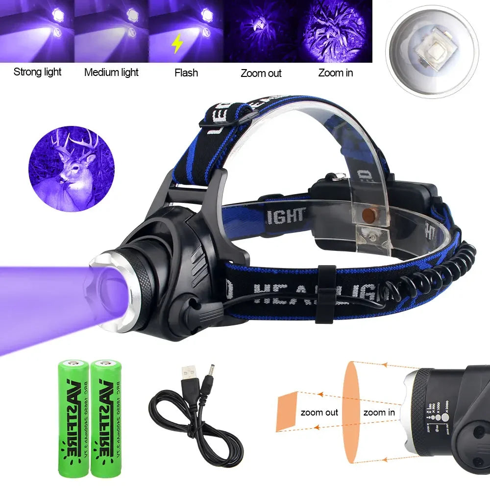 Zoomable Headlamp, Red/Green/395nm UV Options