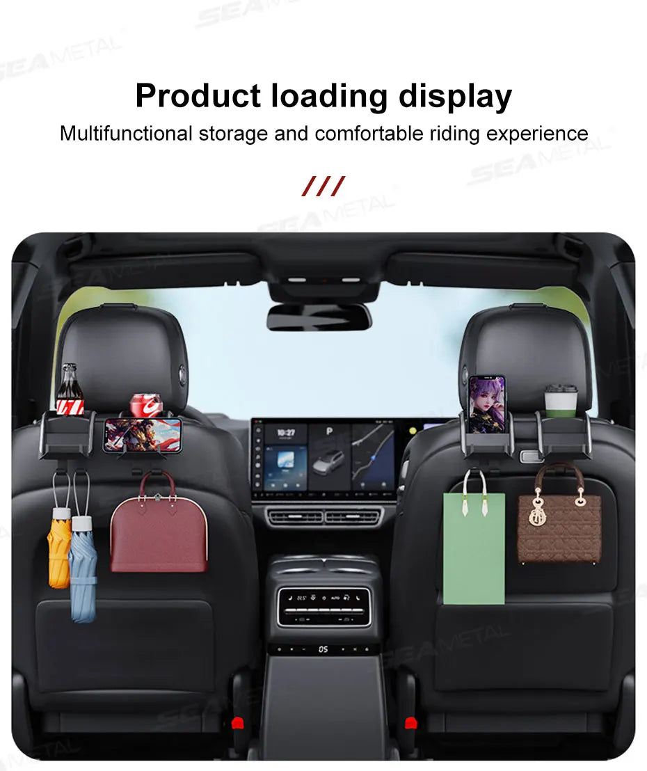 SEAMETAL 3 in 1 Car Headrest Cup Holder Car Rear Row Drink Holder Phone Mount Storage Organizer Large Load-Bearing Stable Hook