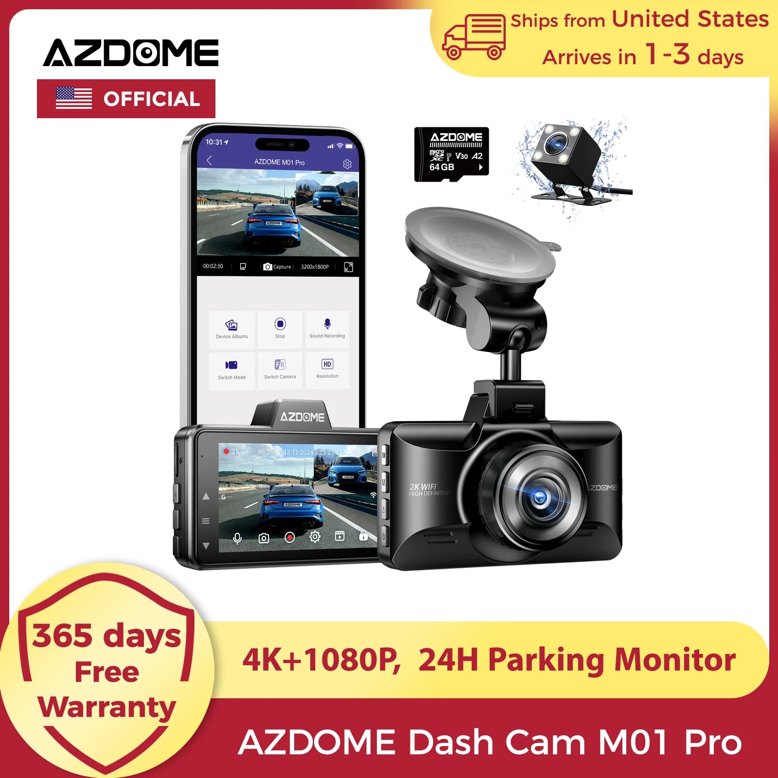 AZDOME 4K Dual Dash Cam with 3" Screen and Rear Camera