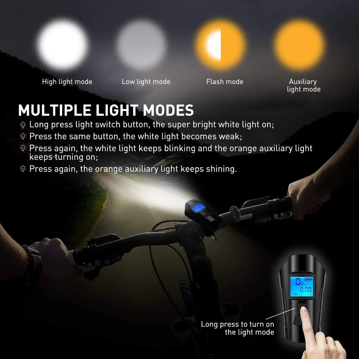 Rechargeable Bicycle Light with Horn and Speed Display