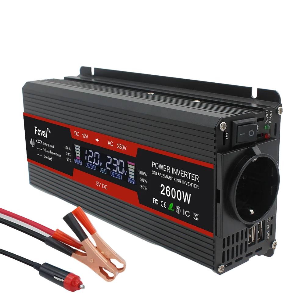 Мощен инвертор 1500W/2000W/2600W/3000W с LCD дисплей DC 12V към AC 220V, соларен, с 2 USB порта, автомобилен трансформатор, конвертор, EU щепсел, модифицирана синусоида 50Hz