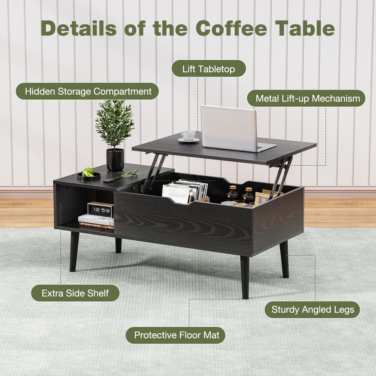 Couchtisch mit Hebefunktion und Ablagefach 39,37" Moderner Holztisch