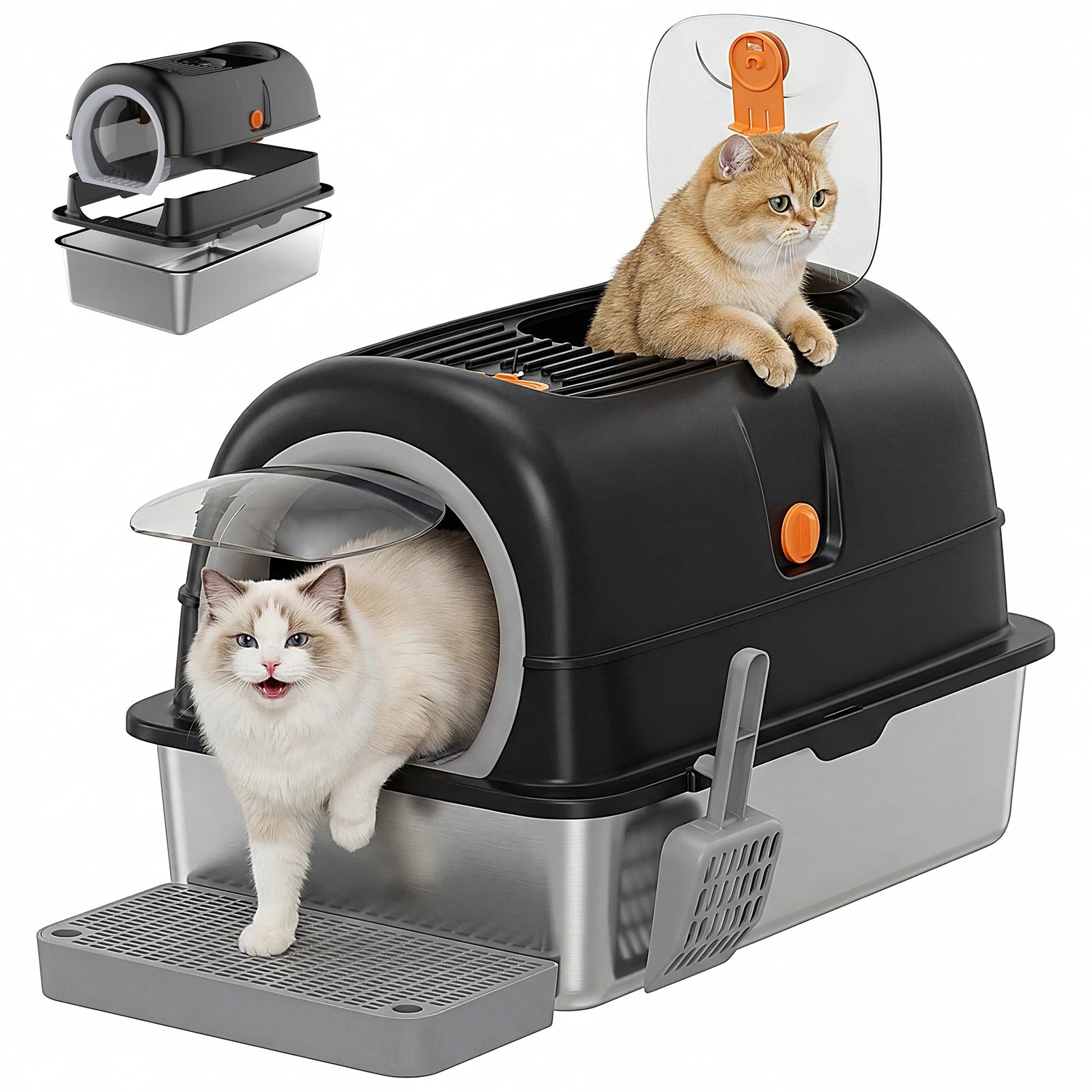 24" Stainless Steel Enclosed Cat Litter Box XL 30L with Scoop