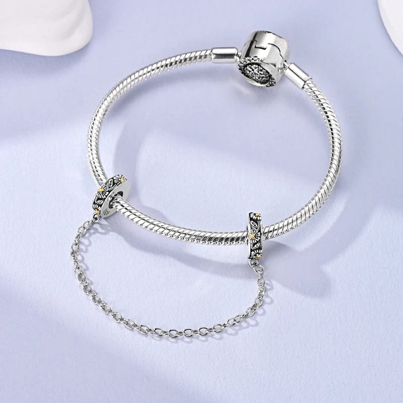 925 Sterling Silver Safety Chain Aircraft Earth Camera Daisy Silicone Charms Beads Fit Original Bracelets DIY Jewelry For Women 