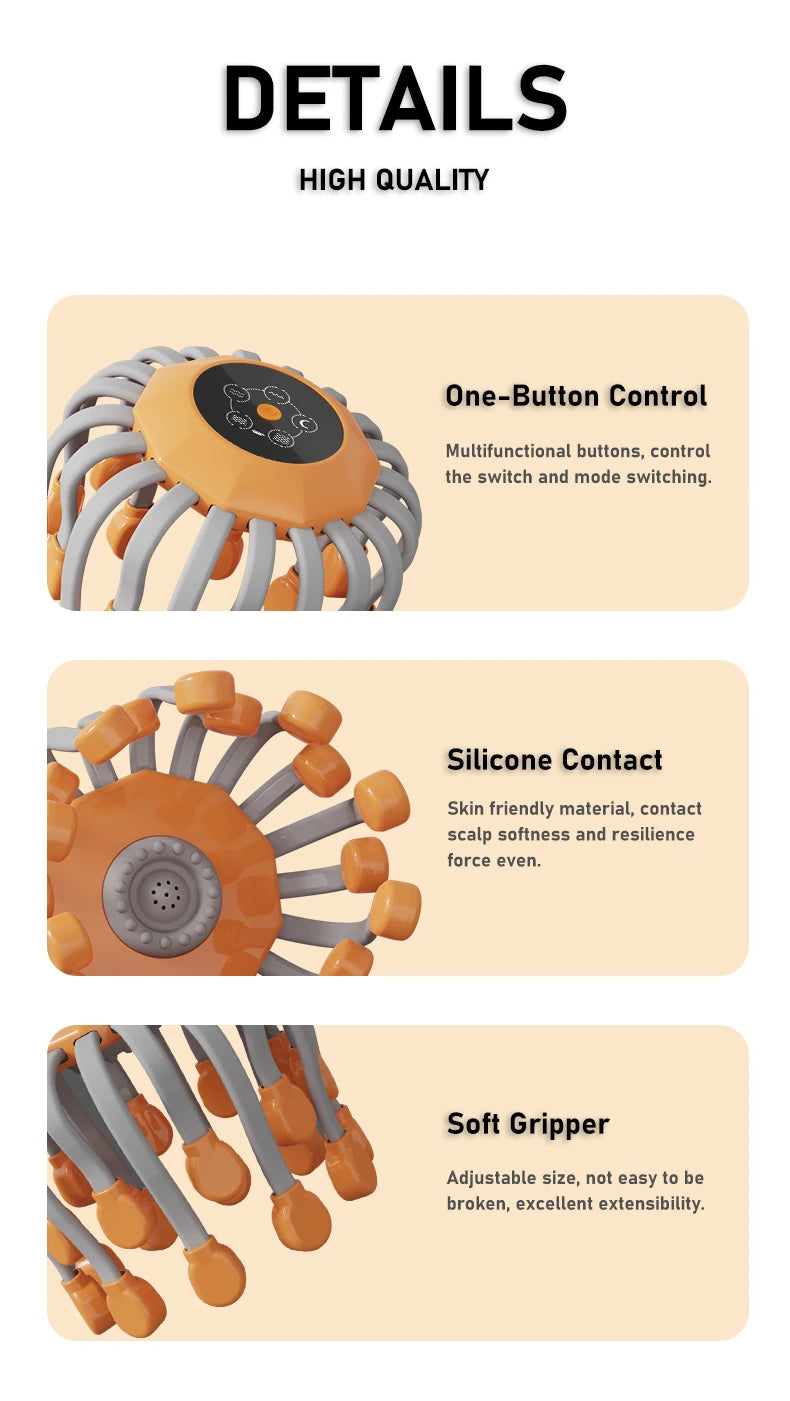 20Massage Heads Orange Scalp Head Massager Red Light Vibrator Octopus Scratcher For Relaxation Stress Migraine 
